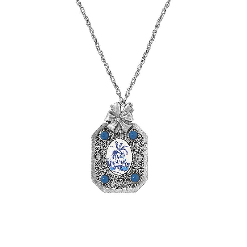 65101031 1928 Silver Tone Oval Blue Willow Mirror Necklace, sku 65101031