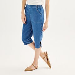 Cobalt Night Blue Women's High Waisted Denim Capri Pants Seamed Front Raw  Hem - ShopperBoard