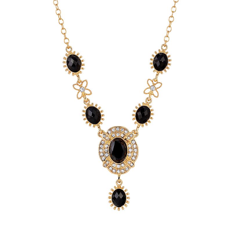 1928 Gold Tone Simulated Crystal Necklace, Womens, Black