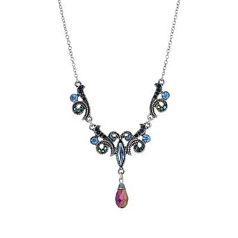 1928 Silver Tone Glass Stone Drop Necklace