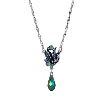 1928 Silver Tone Blue Iridescent Drop Pendant Necklace