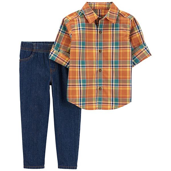 Toddler Boy Carter's Plaid Button Down Shirt & PullOn Denim Pants Set