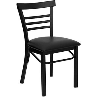 Emma and Oliver Black Three-Slat Ladder Back Metal Dining Chair/Natural Wood Seat