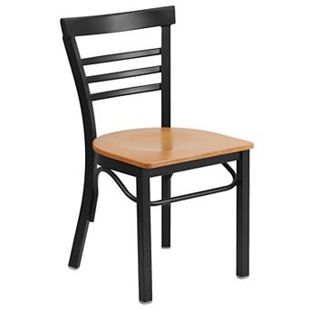 Emma and Oliver Black Three-Slat Ladder Back Metal Dining Chair/Natural Wood Seat