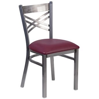 Emma and Oliver Clear Coated "X" Back Metal Restaurant Chair - Burgundy Vinyl Seat