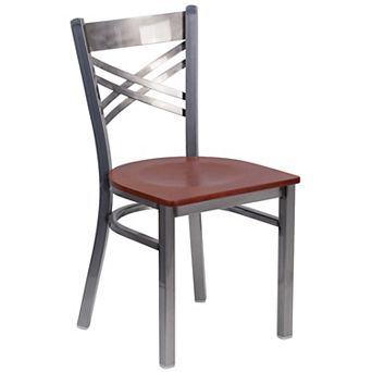 Emma and Oliver Clear Coated "X" Back Metal Restaurant Chair - Burgundy Vinyl Seat