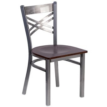 Emma and Oliver Clear Coated "X" Back Metal Restaurant Chair - Burgundy Vinyl Seat