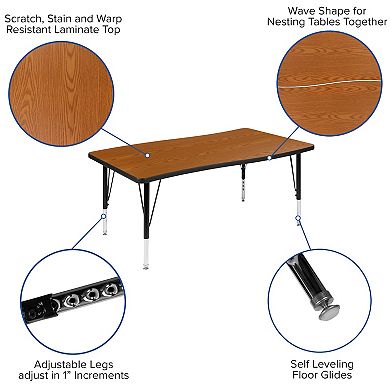 Emma and Oliver 28"W x 47.5"L Rectangular Wave Flexible Collaborative Oak Kids Adjustable Activity Table