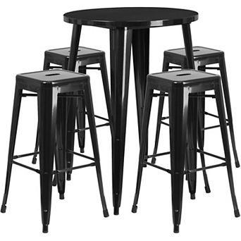 Emma and Oliver Commercial 30" Round Orange Metal Bar Table Set-4 Square Seat Backless Stools