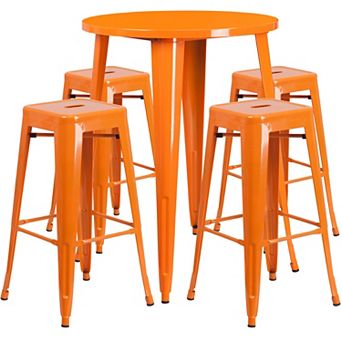 Emma and Oliver Commercial 30" Round Orange Metal Bar Table Set-4 Square Seat Backless Stools