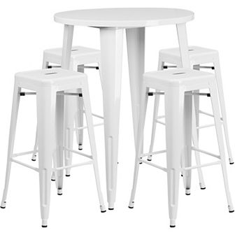 Emma and Oliver Commercial 30" Round Orange Metal Bar Table Set-4 Square Seat Backless Stools
