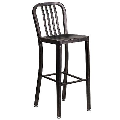 Emma and Oliver Commercial 30" Round Antique Metal Bar Table Set-2 Vertical Slat Back Stools