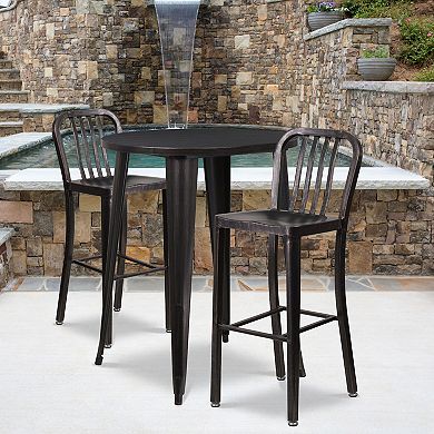 Emma and Oliver Commercial 30" Round Antique Metal Bar Table Set-2 Vertical Slat Back Stools