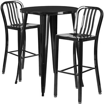 Emma and Oliver Commercial 30" Round Antique Metal Bar Table Set-2 Vertical Slat Back Stools