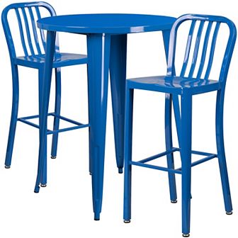 Emma and Oliver Commercial 30" Round Antique Metal Bar Table Set-2 Vertical Slat Back Stools