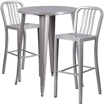 Emma and Oliver Commercial 30" Round Antique Metal Bar Table Set-2 Vertical Slat Back Stools