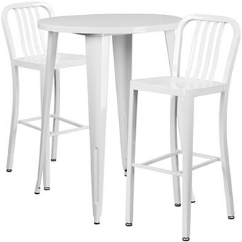 Emma and Oliver Commercial 30" Round Antique Metal Bar Table Set-2 Vertical Slat Back Stools