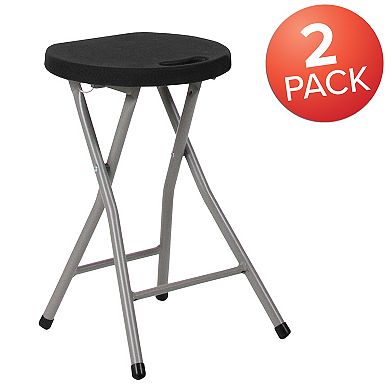 Emma and Oliver 2 Pack Foldable Portable Stool with Black Plastic Seat and Titanium Gray Frame