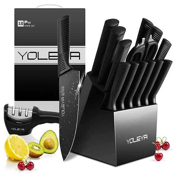 YOLEYA 15 Piece Kitchen Steel Knife Set with Block and Non Stick