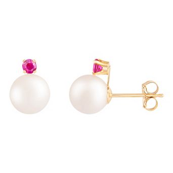 Splendid Pearls 14k Gold Ruby Freshwater Cultured Pearl Earrings