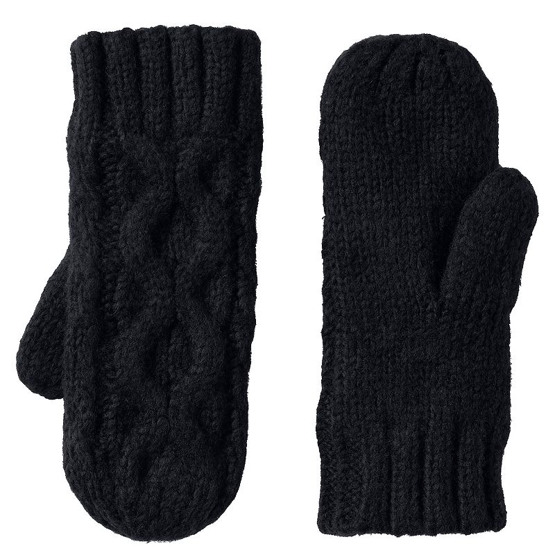 Womens Lands’ End Cable Knit Winter Mittens, Size: Large-XL, Black