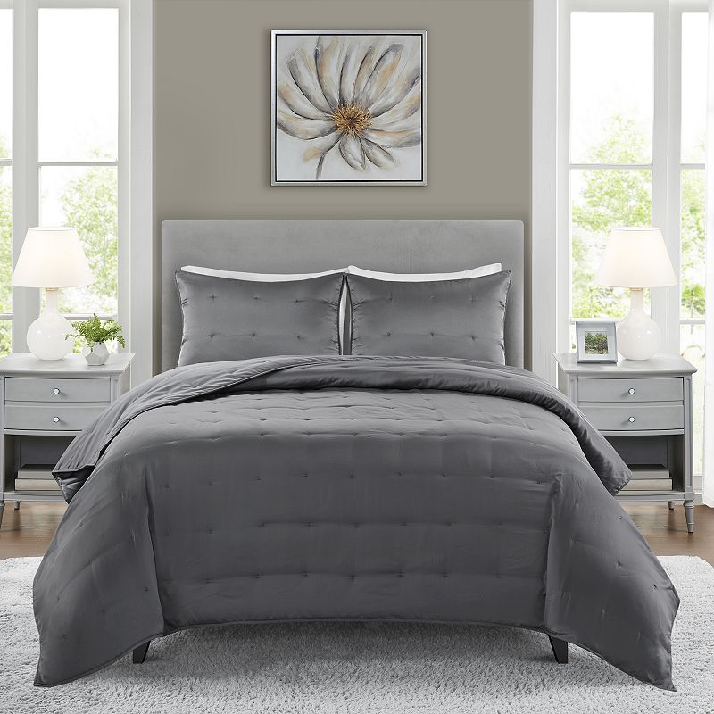 Beautyrest Ames 3-Piece Charmeuse Embroidered Quilt Set with Shams, Grey, K