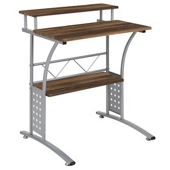 Emma and Oliver Rustic Walnut Computer Desk with Top and Lower Storage Shelves