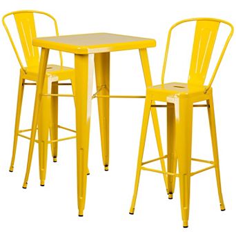 Emma and Oliver Commercial 23.75SQ Yellow Metal Indoor-Outdoor Bar Table Set-2 Stools-Backs