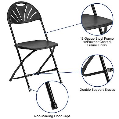Emma and Oliver 2 Pack 650 lb. Capacity Black Plastic Fan Back Folding Chair