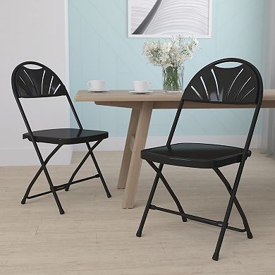 Emma and Oliver 2 Pack 650 lb. Capacity Black Plastic Fan Back Folding Chair