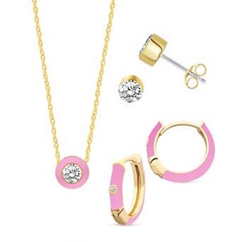 Royal Aura Pink Enamel Necklace, Stud & Hoop Earring Trio Set