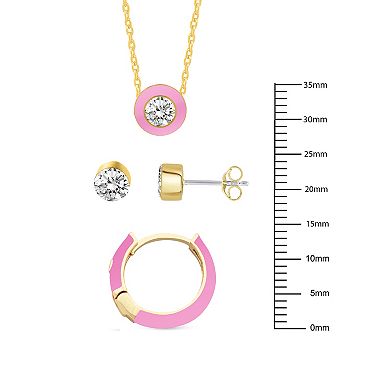 Royal Aura Pink Enamel Necklace, Stud & Hoop Earring Trio Set