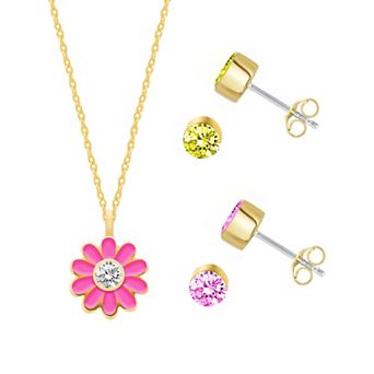 Royal Aura Gold Tone Enamel & Crystal Flower Power Pendant Necklace & Two Pair Stud Earrings Set