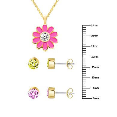 Royal Aura Gold Tone Enamel & Crystal Flower Power Pendant Necklace & Two Pair Stud Earrings Set