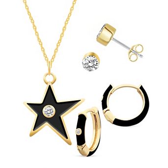 Royal Aura Gold Tone Black Enamel & Crystal Star Necklace, Huggie Earrings, & Stud Earrings Set