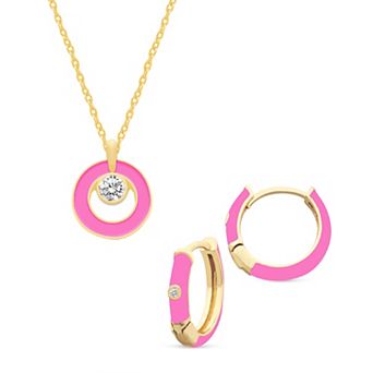 Royal Aura Gold Tone Pink Enamel & Crystal Orbital Pendant Necklace & Huggie Earrings Set