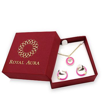 Royal Aura Gold Tone Pink Enamel & Crystal Orbital Pendant Necklace & Huggie Earrings Set