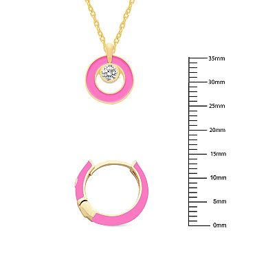 Royal Aura Gold Tone Pink Enamel & Crystal Orbital Pendant Necklace & Huggie Earrings Set