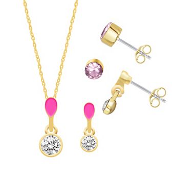 Royal Aura Gold Tone Pink Enamel & Crystal Pendant Necklace, Drop Earrings, & Stud Earrings Set