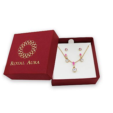 Royal Aura Gold Tone Pink Enamel & Crystal Pendant Necklace, Drop Earrings, & Stud Earrings Set