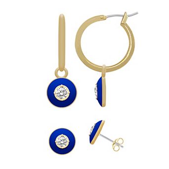 Royal Aura Gold Tone Blue Enamel & Crystal Drop Hoop Earrings & Stud Earrings Set