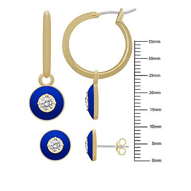 Royal Aura Gold Tone Blue Enamel & Crystal Drop Hoop Earrings & Stud Earrings Set