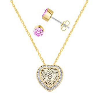 Royal Aura Pink Laser Cut Heart Pendant & Pink Crystal Stud Earring Set