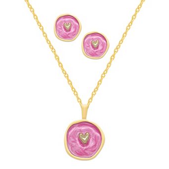 Royal Aura Heart Motif Pink Enamel Coin Pendant & Stud Earring Set