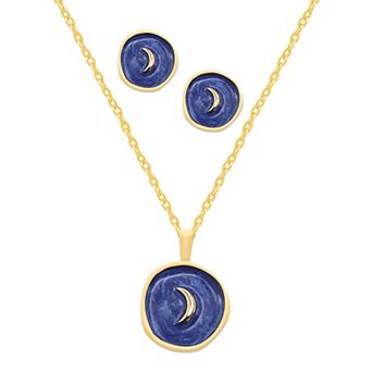 Royal Aura Moon Motif Blue Enamel Coin Pendant & Stud Earring Set