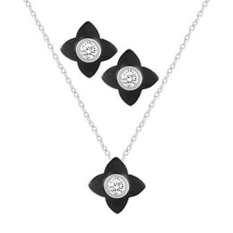 Royal Aura Black Enamel Floral Necklace & Stud Earring Set