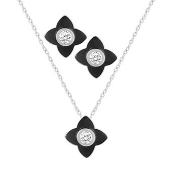 Royal Aura Black Enamel Floral Necklace & Stud Earring Set