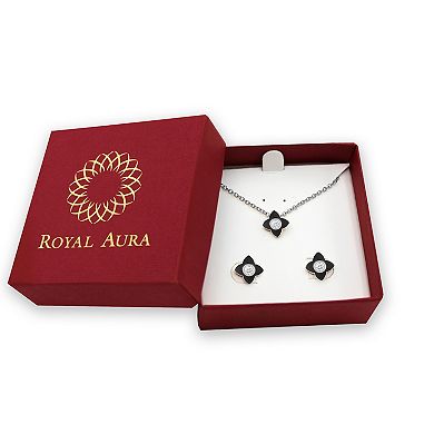 Royal Aura Black Enamel Floral Necklace & Stud Earring Set