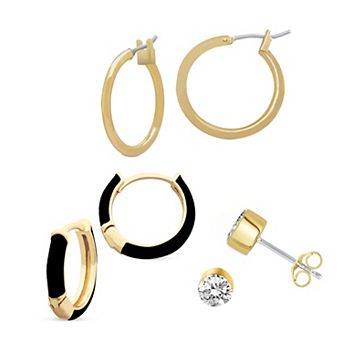 Royal Aura Black Enamel & Gold Tone Hoop & Stud Earring Trio Set