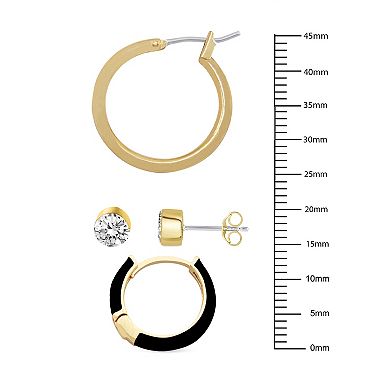 Royal Aura Black Enamel & Gold Tone Hoop & Stud Earring Trio Set